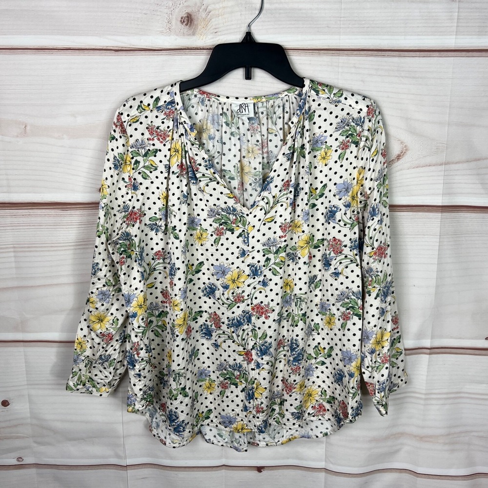 DRA Los Angeles Top Womens S Multicolor Floral Blouse Satin V-Neck Long Sleeve